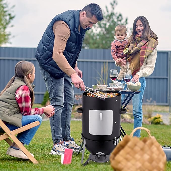 46.8 Vertical Steel Charcoal Smoker GrillHeavy Duty BBQ GrillsOutdoor Camping Backyard Barbecue GrillMetal Barbecue Smokerswith Thermometerfor Patio Garden Beach Porch Lawn Yard (Black)