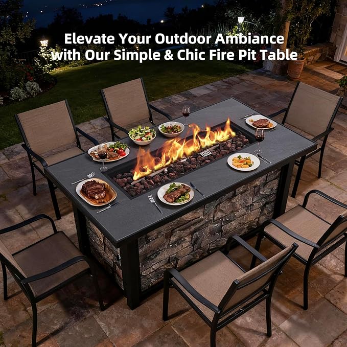 48 Fire Pit Table with Ceramic Top &amp Stone-Looking Panel Propane Gas Fire Pit 50000 BTU Outdoor Fire Table for Patio Backyard Deck Balcony - Includes Metal Lid Lava Rocks &amp Rain Cover