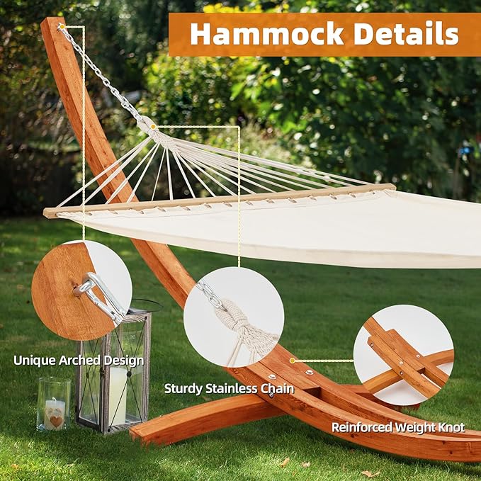ECOTOUGE 14 FT Hammock with Stand 2 Person Heavy Duty Hammock Stand Large Hammock Bed for Porch Patio Balcony Garden Backyard White-Yellow