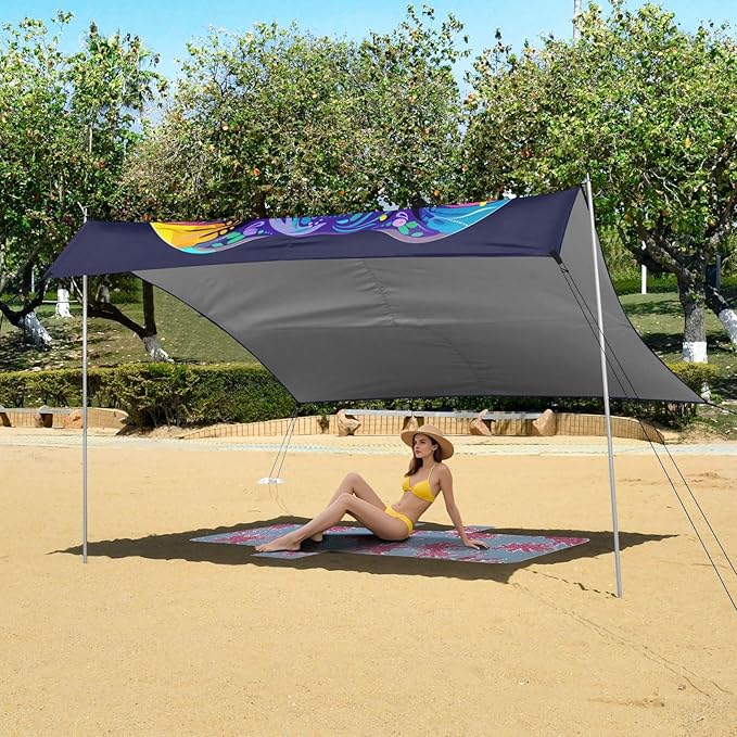 ALAZA Rainbow Elephant Flower Boho Beach Tent Sun Shelter UPF50+ Protection Beach Shade Canopy w/ 4 Sandbags for Outdoor Camping Fishing Backyard Fun Picnic 10x9 ft