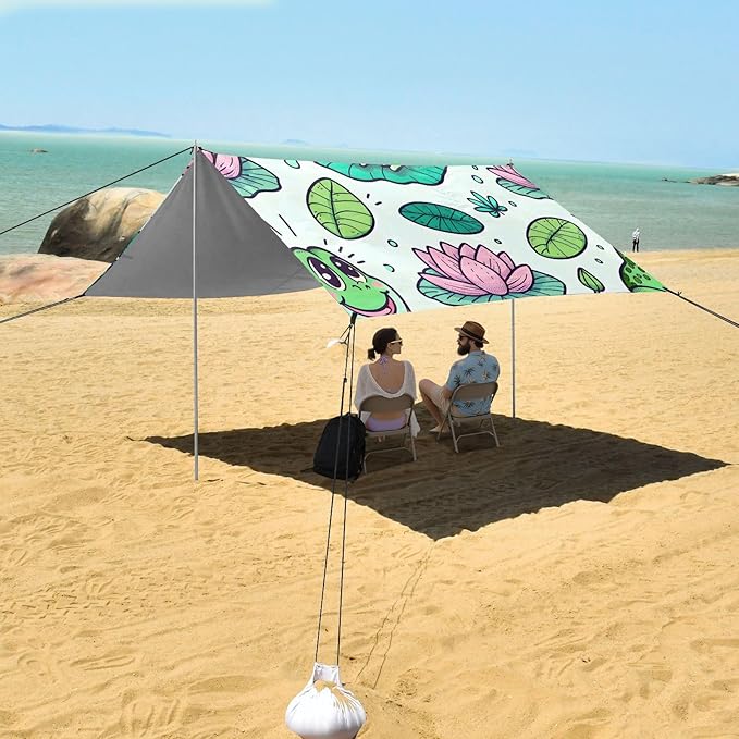 Fat Frogs in Pond Beach Tent Sun Shelter Set UPF50+ UV Protection 10.5 x 9.19 FT Camping Shade Canopy with Sandbags Sand Anchors Carrying Bag and Others