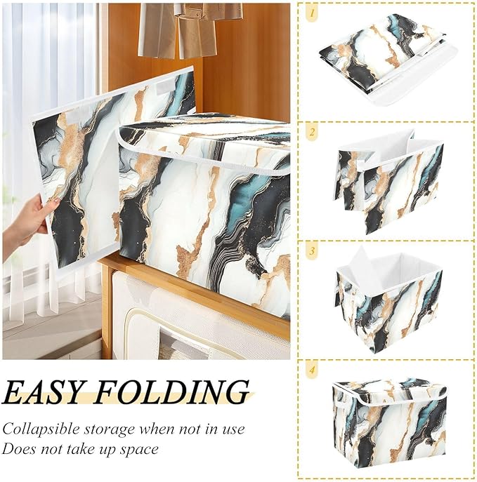Storage Cube with Lid Gold Green Marble Print 16.5×12.6×11.8 IN 1 Pack Collapsible Large Capacity Foldable Storage Basket Bin Organizer