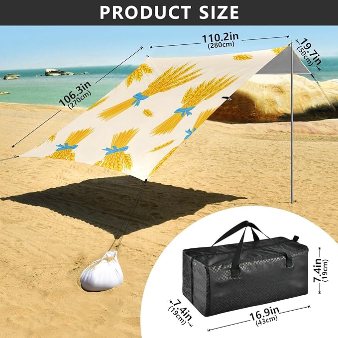Beach Canopy with Windproof Ropes &amp Sandbags Beach Tent Sun Shade Sun Shelter for Camping Trips Fishing Backyard Fun or Picnics Wheat Pattern