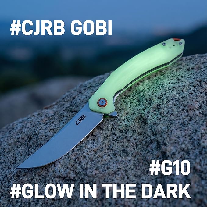 CJRB Gobi G10 Glow in the Dark Handle Folding Pocket Knife 3.5'' AR-RPM9 Steel Blade Manual EDC Knife with Liner Lock for Outdoor Camping Hiking Fishing(J1906-GD)