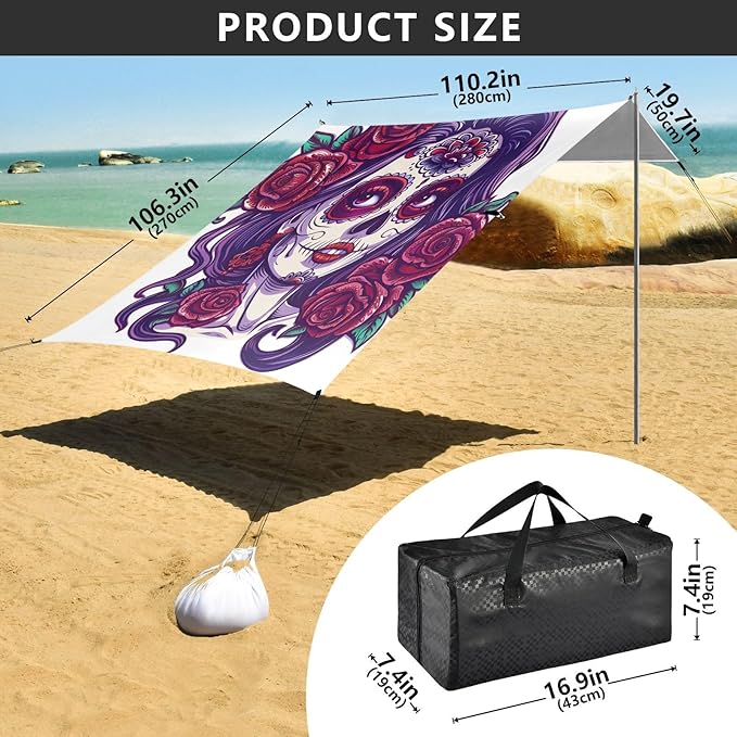ALAZA Sugar Skull Girl with Roses Day of The Dead Beach Tent Sun Shelter Portable Canopy Sunshade for Outdoor Camping Picnics Backyard Fun 10x9 ft