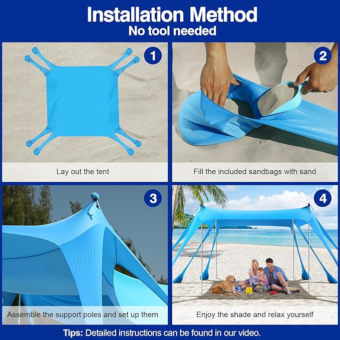 Rhino Valley Beach Tent Shade Canopy UPF50+ Protection 8 Sandbags 4 Stability Poles Outdoor Sun Shelter Umbrella for Sand Camping Fishing Essentials