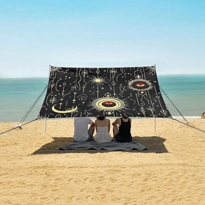 ALAZA Astrology Eye Sun Moon Alchemy Beach Tent Sun Shelter UPF50+ Protection Beach Shade Canopy w/ 4 Sandbags for Outdoor Camping Fishing Backyard Fun Picnic 10x9 ft