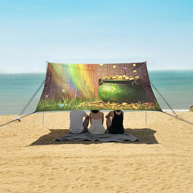 St Patrick's Day Golden Coins Pot Beach Tent Sun Shelter Set UPF50+ UV Protection 10.5 x 9.19 FT Camping Shade Canopy with Sandbags Sand Anchors Carrying Bag and Others