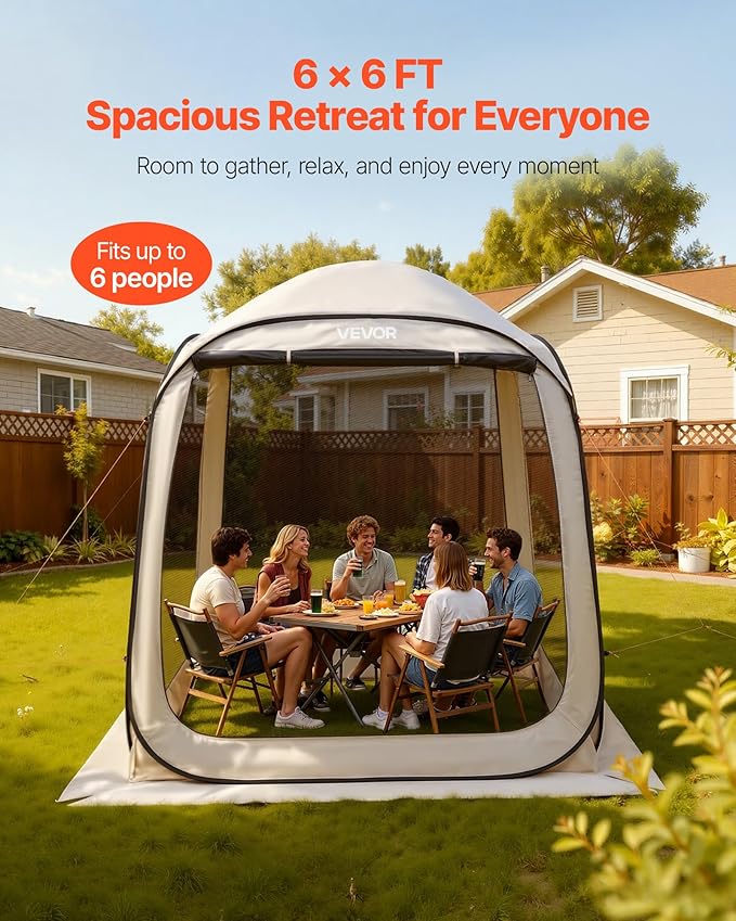 VEVOR Screen House Tent 6x6FT Pop-Up Screen Tent for 4–6 Person Portable Screen Room Gazebo with Netting Carry Bag &amp Ground Stakes Instant Screen Canopy for Patio Backyard Garden Camping