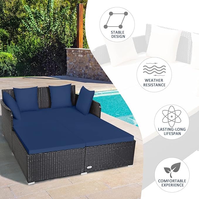 Tangkula Outdoor Rattan Daybed Sunbed Wicker Furniture w/Spacious Seat Upholstered Cushion &amp High-Resilience Sponge Wicker Patio Sofa Set w/Extra Pillows for Courtyard Poolside (Navy)