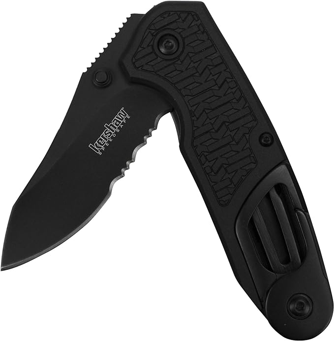 Kershaw Funxion EMT (8100) Multifunction Folding Pocketknife 3 inch Partially Serrated Stainless Steel Blade Carabiner Clip Cord Cutter Screwdriver Tip Hex Wrench Glassbreaker Tip  Black