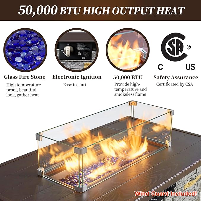 PIZZELLO 43 Inch Propane Fire Pit Table Outdoor Stone Firepit Table Rectangular 50000 BTU Propane Fire Tables for Outside Patio with Wind Guard Table Lid Fire Beads CoverPizzello Caldo (Gray)