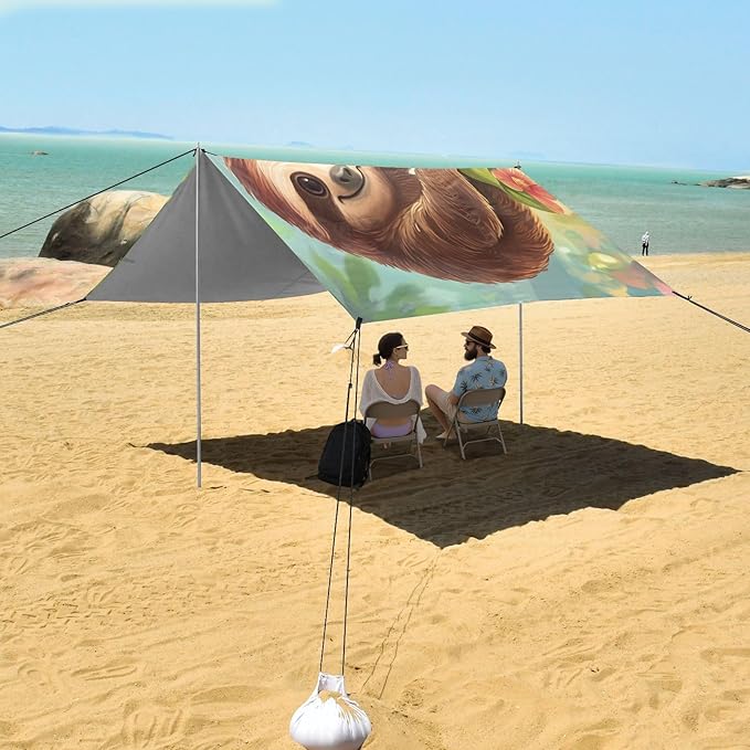 ALAZA Cartoon Sloth Hang on The Tree Floral Beach Tent Sun Shelter Portable Canopy Sunshade for Outdoor Camping Picnics Backyard Fun 10x9 ft