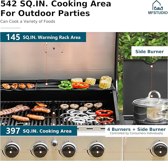 MFSTUDIO 4 Burner BBQ Gas Grill with Side Burner Propane Grills with Porcelain-Enameled Cast Iron Grates 42000 BTU for Outdoor Backyard Barbecue Cooking Blue