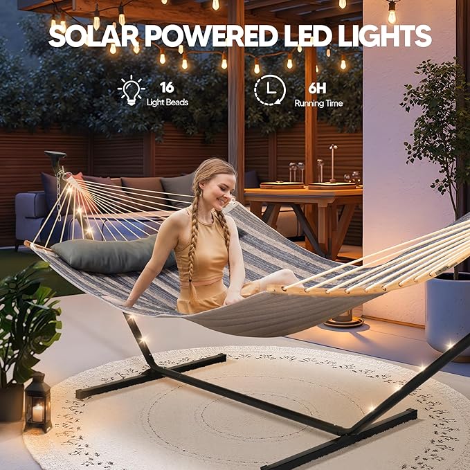SUNCREAT Double Outdoor Hammock with 12 ft Stand Stand Alone Hammock with Solar Powered Lights Gray Stripes