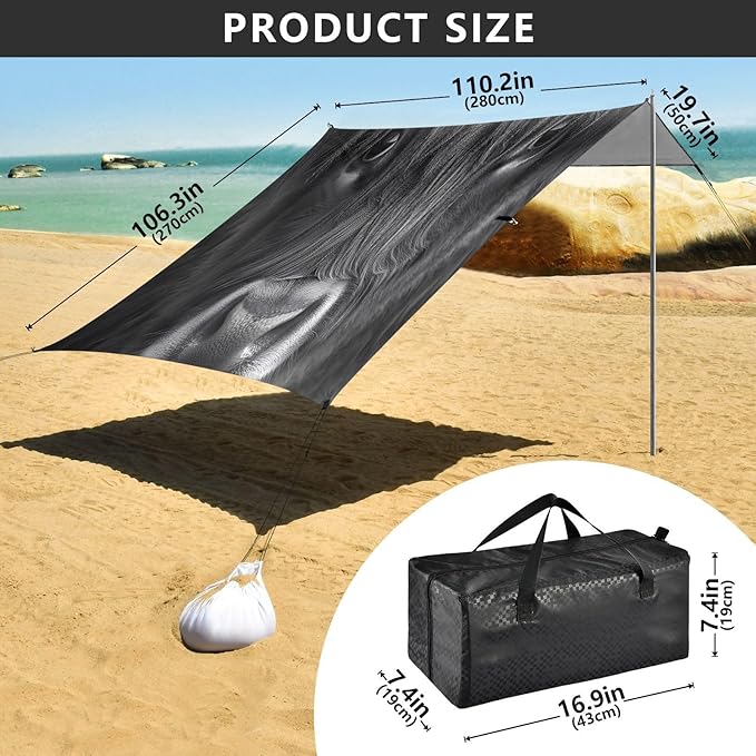 Highland Cattle Staring Beach Tent Sun Shelter Set UPF50+ UV Protection 10.5 x 9.19 FT Camping Shade Canopy with Sandbags Sand Anchors Carrying Bag and Others