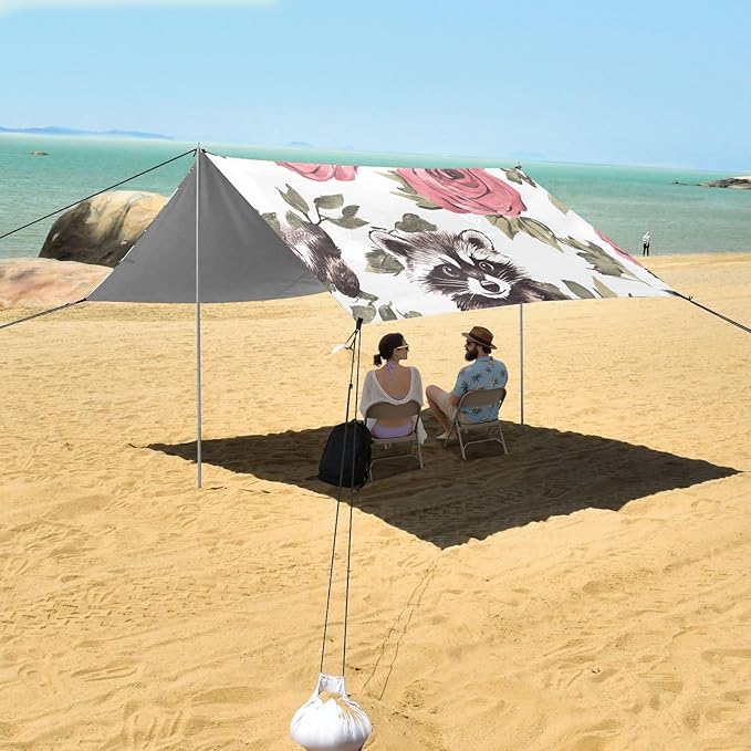 ALAZA Cute Raccoons Rose Beach Tent Sun Shelter Portable Canopy Sunshade for Outdoor Camping Picnics Backyard Fun 10x9 ft