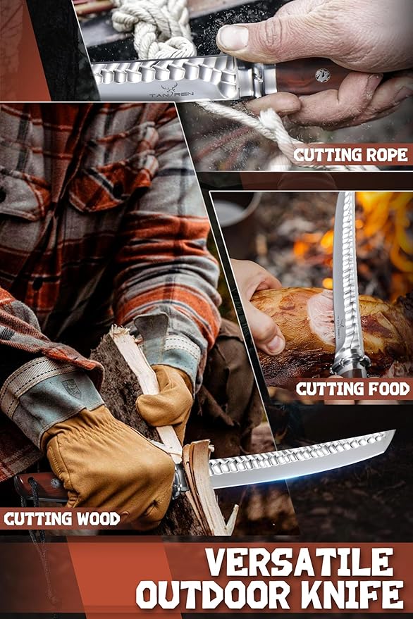 TAN REN Hunting Knife with Sheath 8.3 Inch Fixed Blade Survival Outdoor Knife with Wooden Handle for Camping Bushcraft Christmas Gifts for Men