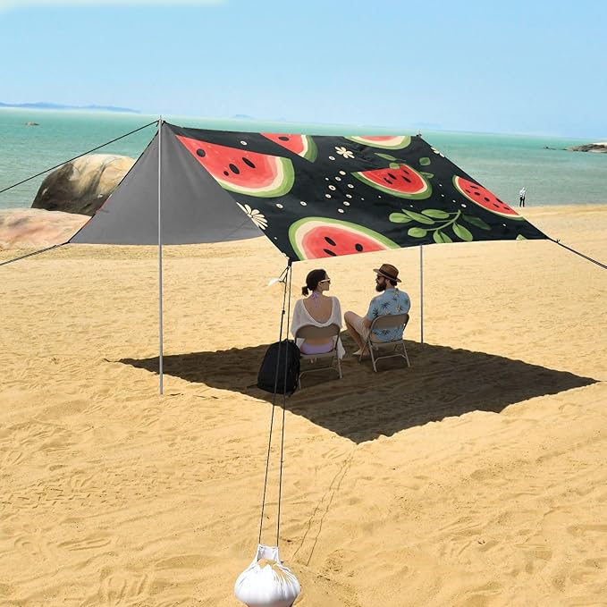 ALAZA Watermelon Floral Leave on Black Beach Tent Sun Shelter Portable Canopy Sunshade for Outdoor Camping Picnics Backyard Fun 10x9 ft