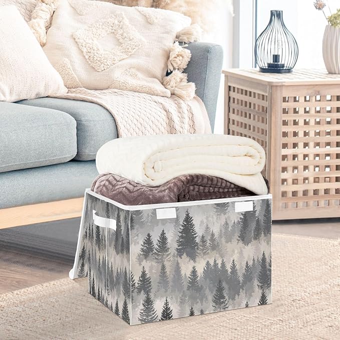 Storage Bins with Lids Storage Containers Box Organizer Bin Basket with Handles for Closet Shelves Clothes Stackable Foldable Decorative Gray Simple Pine Tree Forest