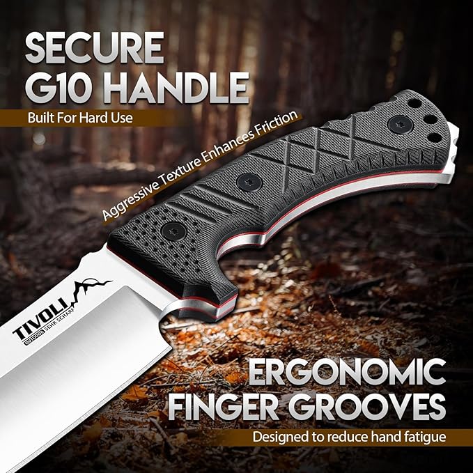 TIVOLI Heavy Duty Fixed Blade Chopper Knife Full Tang Outdoor Knife with 440C Steel Thick Spine Sheath Included for Camping Bushcraft Wood Processing