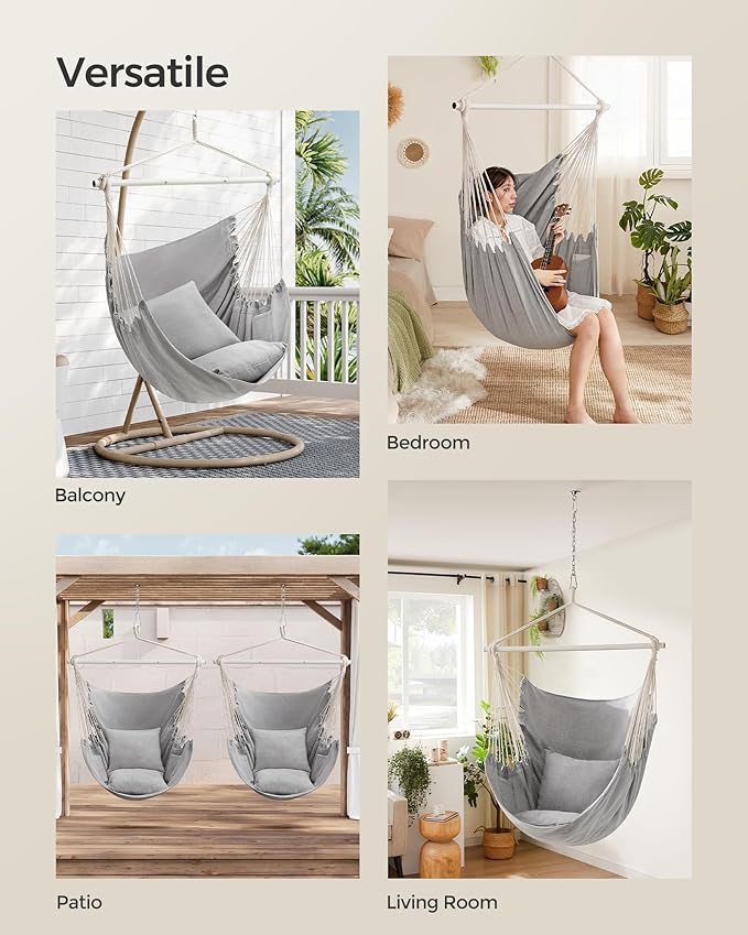 SONGMICS Hammock Chair Load Capacity 500 lb Hanging Chair with 2 Cushions Large Hammock Swing with Chain and Pocket for Indoor Outdoor Living Room Bedroom Dove Gray UGDC197G01