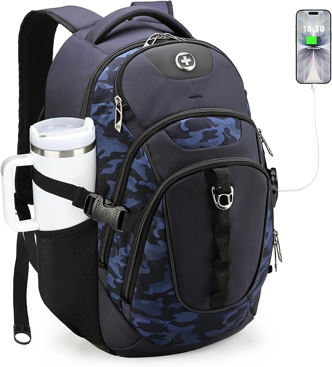 Swissdigital Design Laptop Backpack with USB Charging Port Travel Backpack Fits 15.6 inches Computer 31L College School Backpack for Men Blue Camo | SD803-92