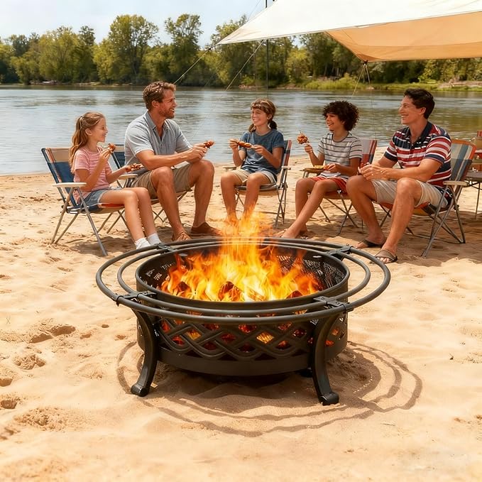 Panovue 36 Inch Fire Pit with 2 LoopsCrossweave Wood Burning Fire Pits for Outsidewith Spark ScreenFire PokerRound Outdoor Firepit for PatioYardGardenCampingBonfire(36''Black)