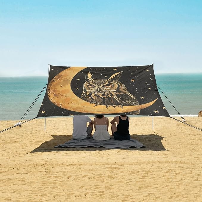 ALAZA Owl on The Moon Beach Tent Sun Shelter Portable Canopy Sunshade for Outdoor Camping Picnics Backyard Fun 10x9 ft
