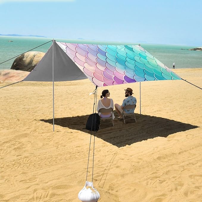 ALAZA Mermaid Print Beach Tent Sun Shelter UPF50+ Protection Beach Shade Canopy w/ 4 Sandbags for Outdoor Camping Fishing Backyard Fun Picnic 10x9 ft