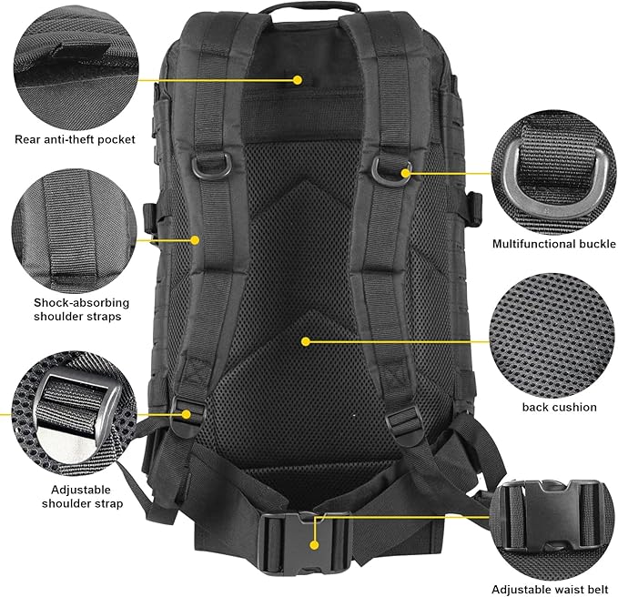 Small 40L Military Backpack Tactical Backpack Assault Pack Bug Out Bag with Molle for Hiking Rucksack Trekking (Black)