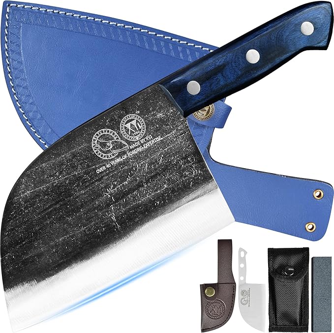 XYJ Antique Forged Butcher Knives Serbian-Style Chef's Knife with Sheath Heavy-Duty Meat Cleaver for Kitchen &amp Outdoor Use Full Tang Construction