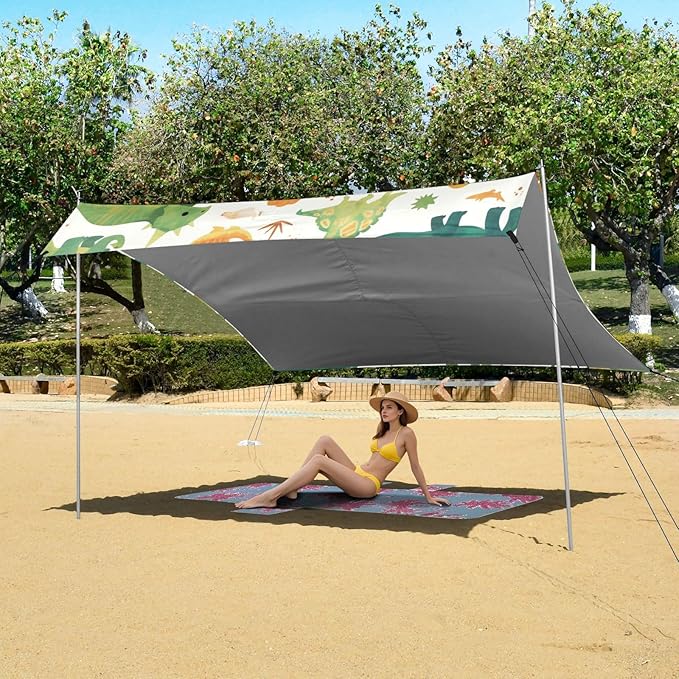 Set Cartoon Watercolor Dinosaurs Beach Cabana Tent UPF50 Easy Setup Large Sun Shelter with Sand Shovel for Camping Trips Fishing Backyard Fun or Picnics