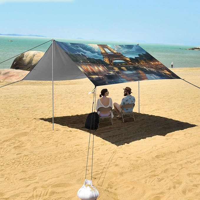 ALAZA Eiffel Tower City of Paris July 14th Celebration Beach Tent Sun Shelter Portable Canopy Sunshade for Outdoor Camping Picnics Backyard Fun 10x9 ft