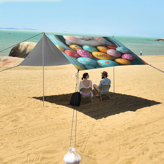 Easter Eggs Cute Bunny Beach Tent Sun Shelter Set UPF50+ UV Protection 10.5 x 9.19 FT Camping Shade Canopy with Sandbags Sand Anchors Carrying Bag and Others