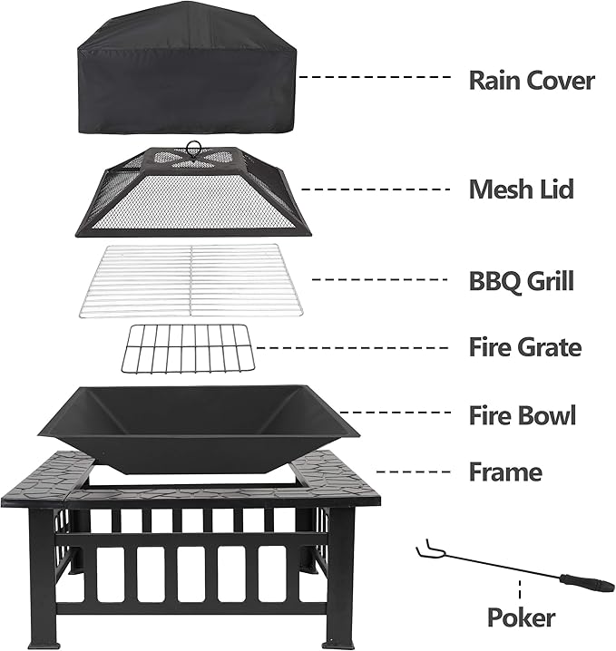 LEMY 32 Inch Outdoor Fire Pit Table Wood Burning Firepit Stove with Lid for Camping&ampBBQ Garden Backyard