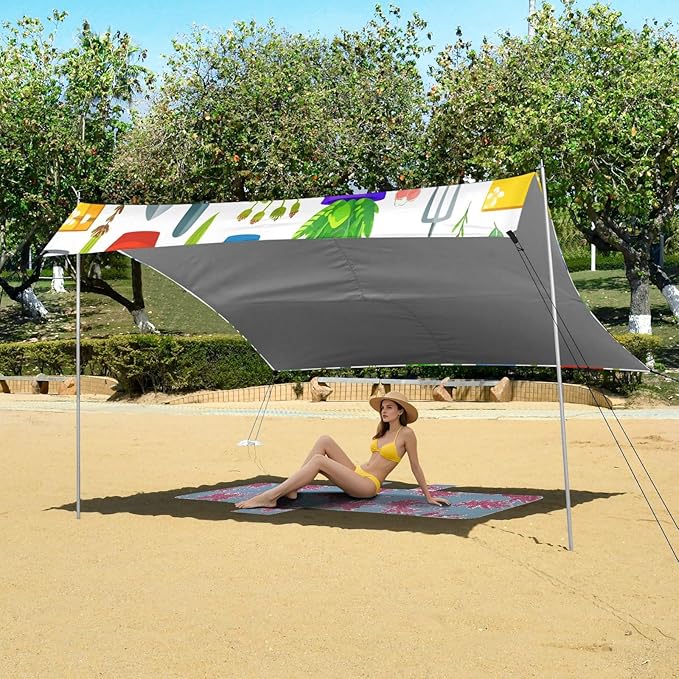 xigua Potted Plants Beach Tent Sun Shelter with Carrying Bag - Silver Coated Oxford Fabric Beach Canopy for Beach Camping Fishing - Includes Windproof Ropes Sandbags &amp Stakes