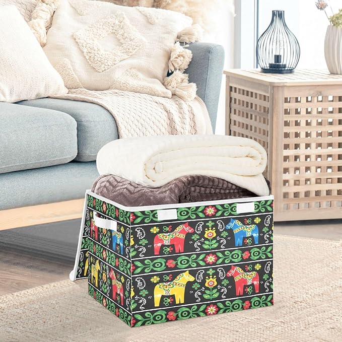 senya Baskets Collapsible Storage Bins with Lids Ethnic Swedish Dala Horse Storage Boxes Clothes Baskets for Organizing