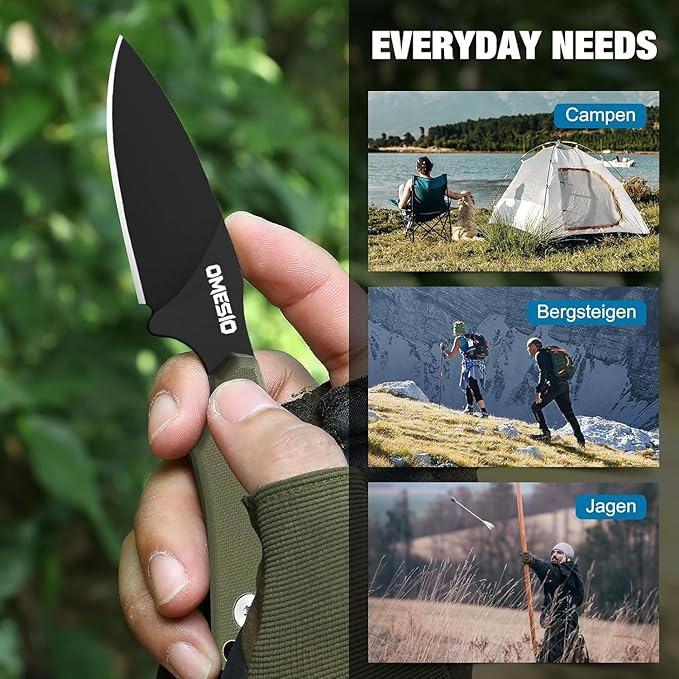 Omesio Compact Neck Knife with Sheath and Necklace D2 Steel 2.99-Inch Blade Full Tang G10 Handle Fixed Blade for EDC Hiking Camping (Black Blade + Green Handle)