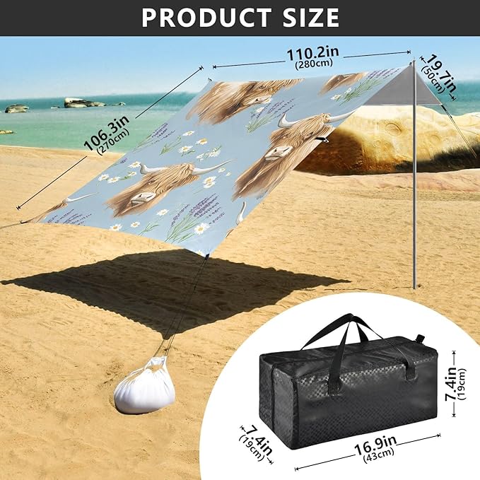 ALAZA Highland Cattle Lavender Pattern Beach Tent Sun Shelter Portable Canopy Sunshade for Outdoor Camping Picnics Backyard Fun 10x9 ft