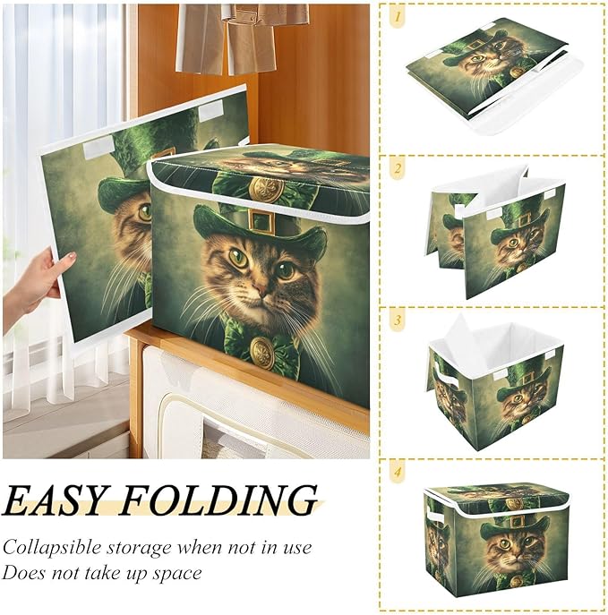 Storage Cube with Lid Saint Patrick’s Day Cat Print 16.5×12.6×11.8 IN Collapsible Large Capacity Foldable Storage Basket Bin Organizer