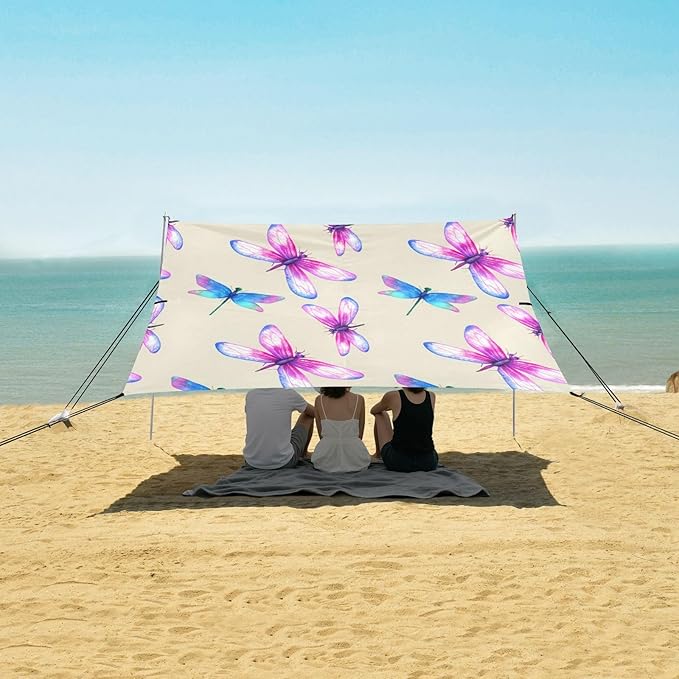 xigua Dragonflies Beach Tent Sun Shelter with Carrying Bag - Silver Coated Oxford Fabric Beach Canopy for Beach Camping Fishing - Includes Windproof Ropes Sandbags &amp Stakes