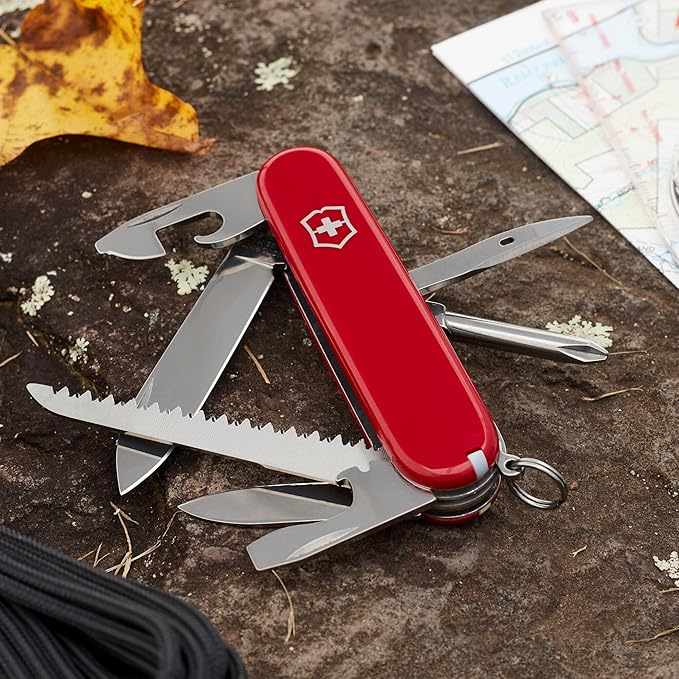 Victorinox Hiker Swiss Army Knife 13 Function Swiss Made Pocket Knife with 2 Blades Bottle Opener Wood Saw and Phillips Screwdriver - Red