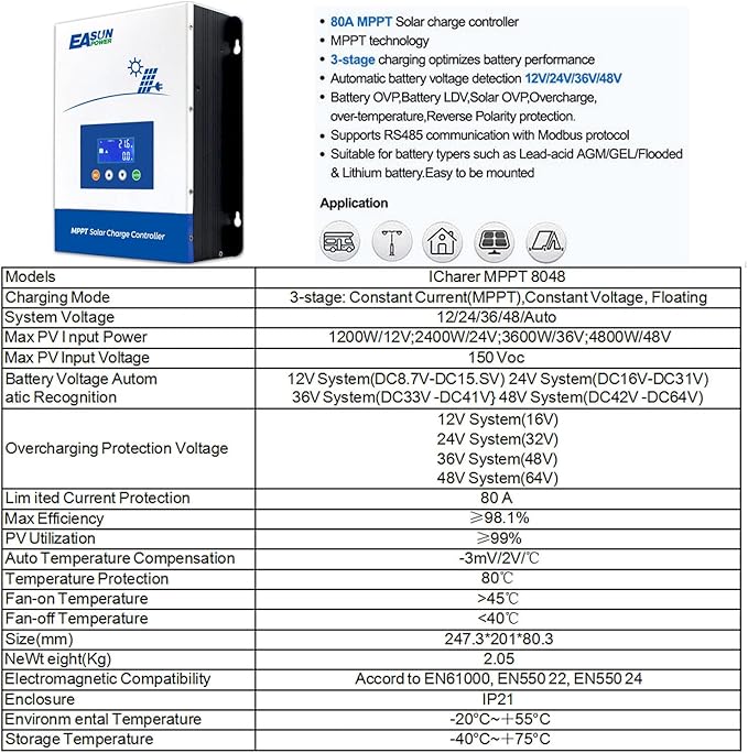POWLAND 80A MPPT Solar Charge Controller12V/24V/36V/48V AutoMax Input 150V LCD Display Regulator Intelligent Charge Controller for Sealed Gel AGM Flooded Lithium Battery
