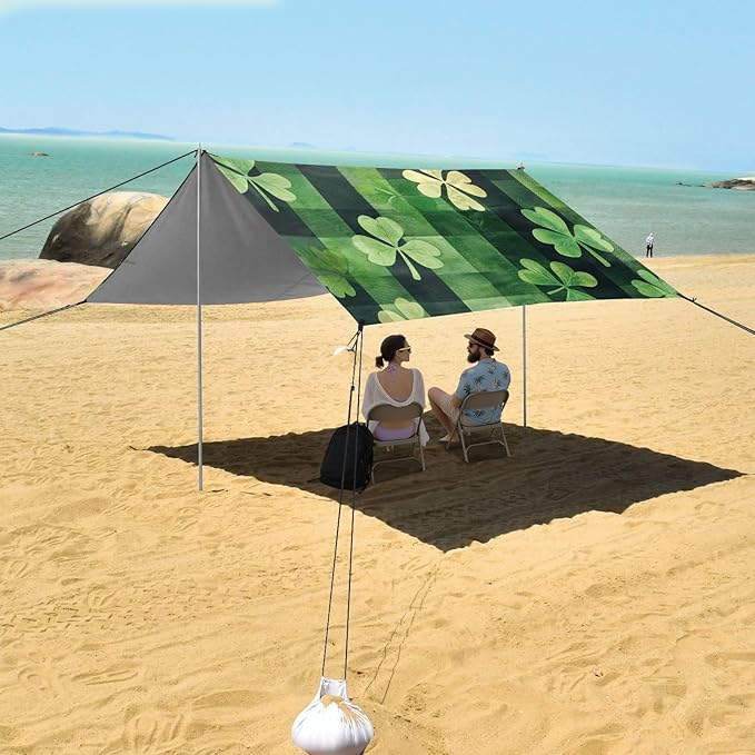 ALAZA St. Patricks Day Plaid Clover Leaves Beach Tent Sun Shelter Portable Canopy Sunshade for Outdoor Camping Picnics Backyard Fun 10x9 ft