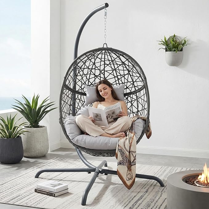 RADIATA Hanging Egg Chair with Stand Outdoor Egg Swing Chair with Cozy Cushion 350lbs Rattan Bird Nest Eggshell Basket Seat Patio Swinging Chair for Indoor Balcony Porch Grey