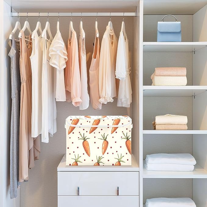 Carrot Cartoon Storage Cube Bins Basket with Lid Collapsible Flip-top Fabric with Handle for Home Bedroom Closet Office 16.5×12.6×11.8 in