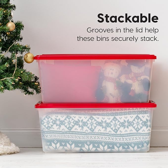 IRIS USA 91 Qt. Stackable Plastic Storage Bins with Lids 4 Pack - BPA-Free See-Through Organizing Solution Latches Durable Nestable Containers Secure Pull Handle Made in USA - Red
