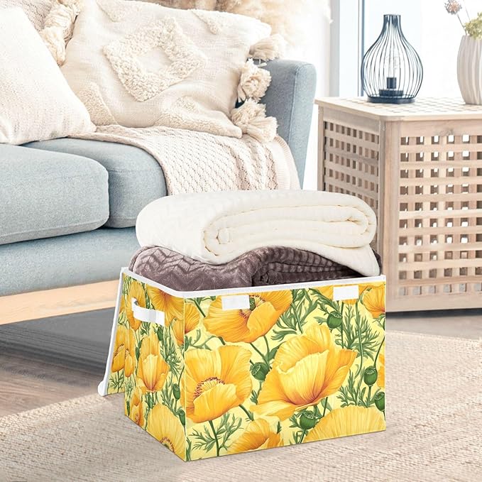 Collapsible Storage Bins with Lids Decorative Fabric Storage Cubes Closet Organizer and Storage Basket Boxes Containers for Clothes Box Chest Nursery Folding Rectangle Yellow Poppy Flowers