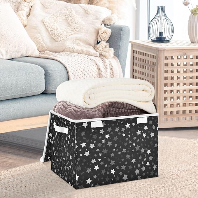 Storage Bins with Lids Storage Containers Box Organizer Bin Basket with Handles for Closet Shelves Clothes Stackable Foldable Decorative Cute Silver and Gray Stars